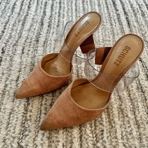 SCHUTZ Tan Mules with Clear Strap